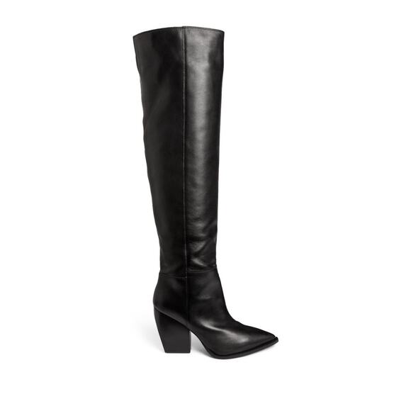 Allsaints Leather Reina Knee-High Boots Angled Block Heel Black Size 36 EU /US 6 - Picture 4 of 14